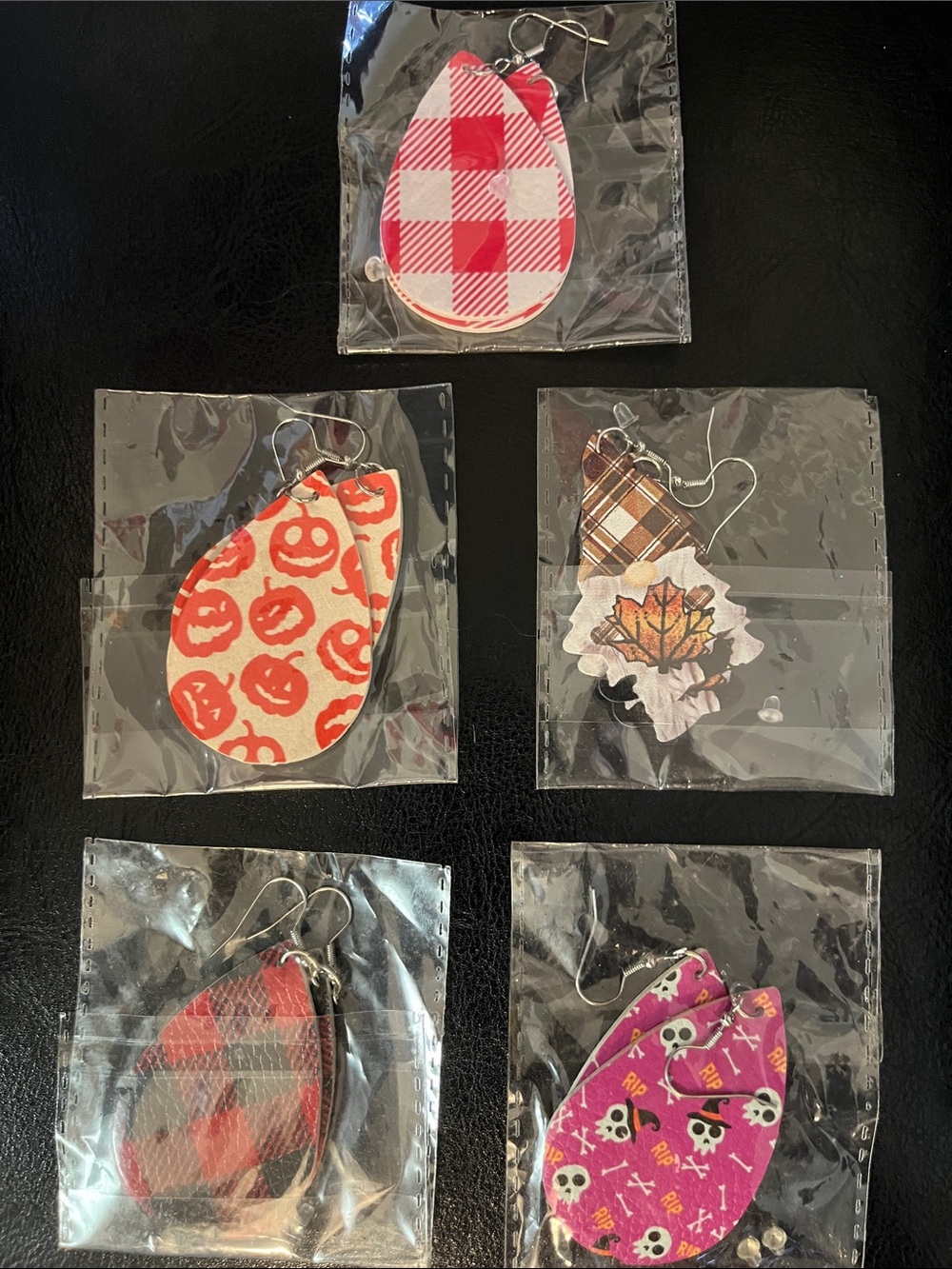 Pack of 5 Festive Patterned Teardrop Earrings - Red, Orange, Pink, Brown, Cream